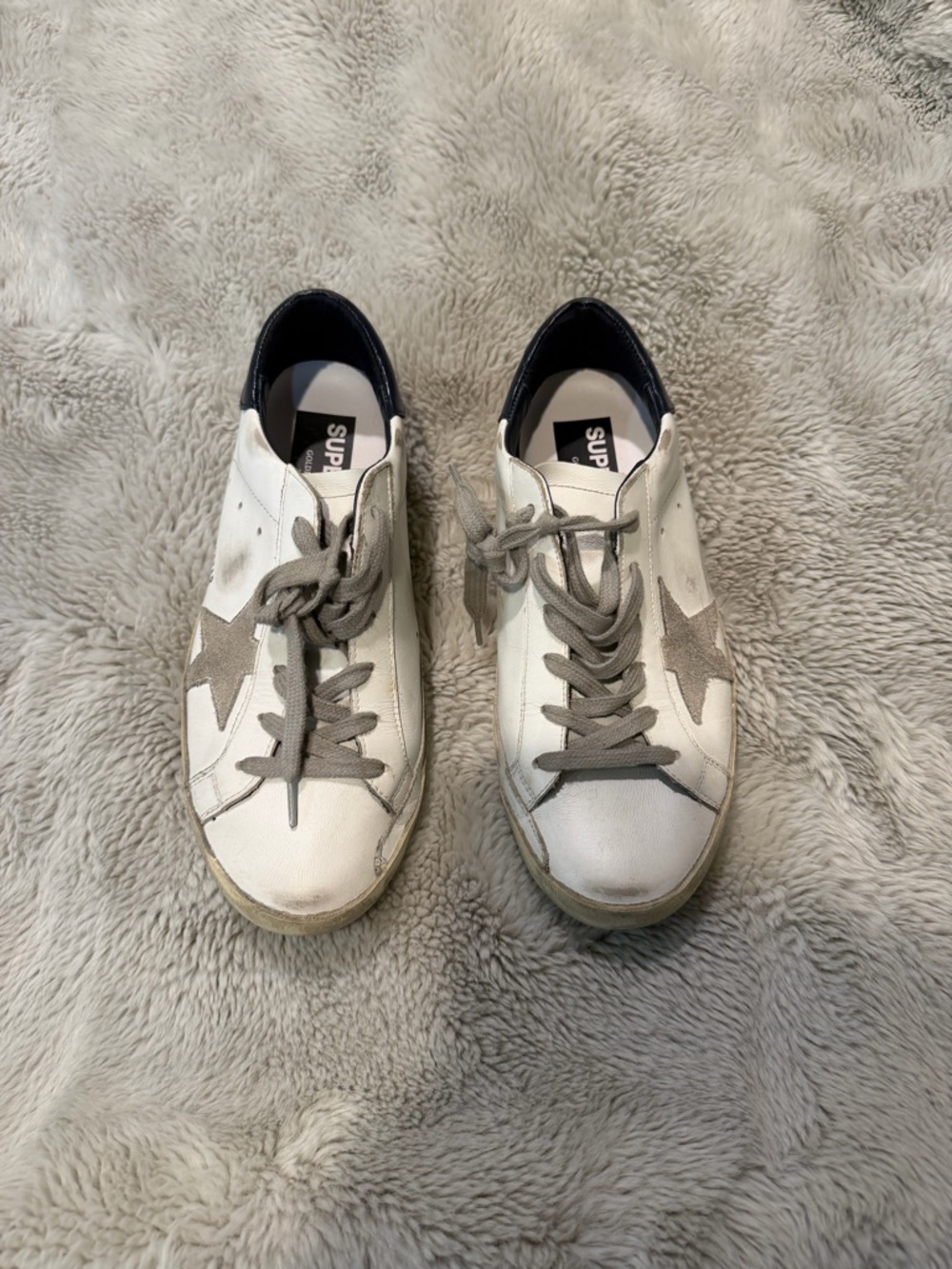 Golden Goose Super-Star White Sneakers with Navy Heel